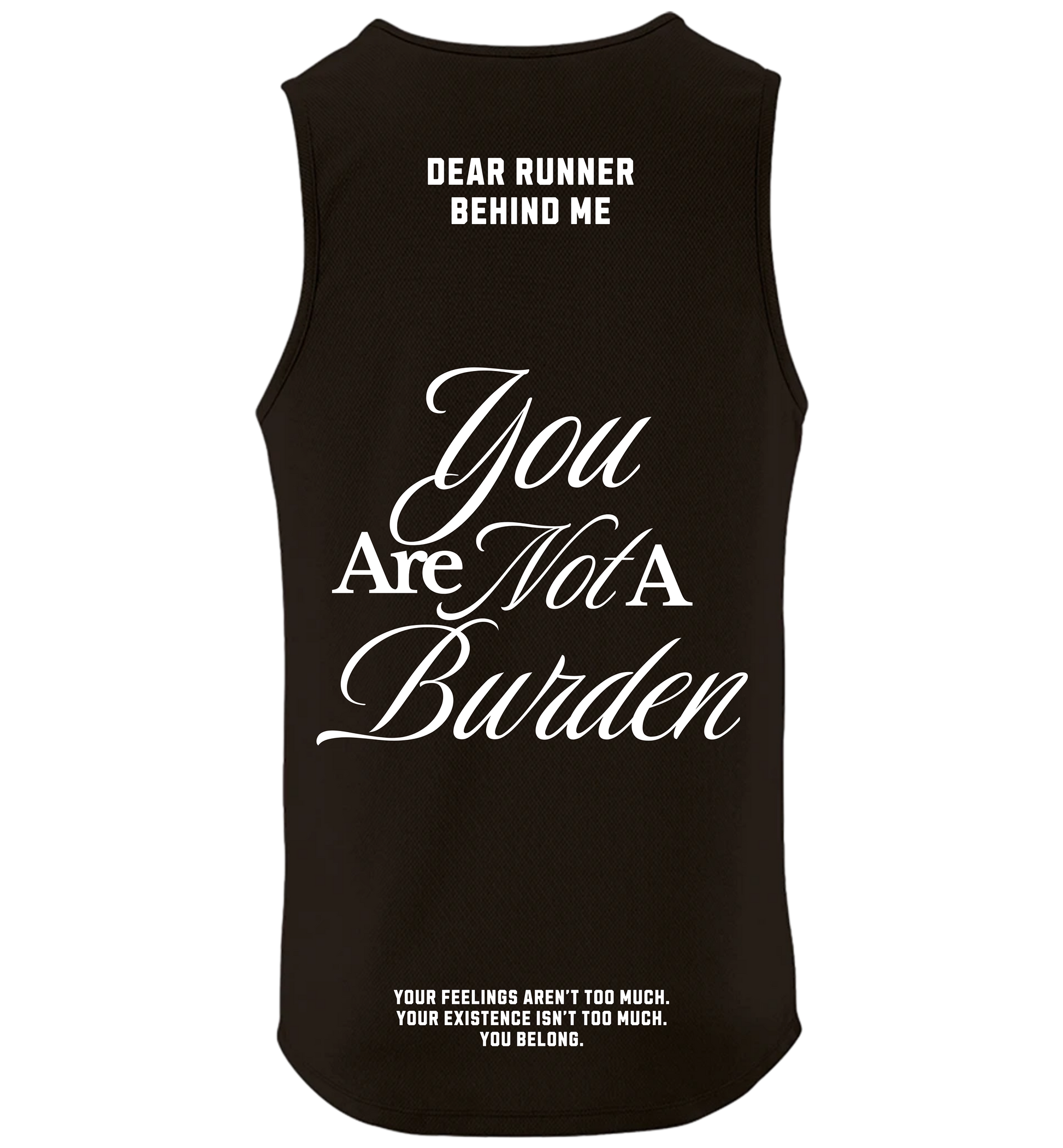 Black tank top with white text on a white background