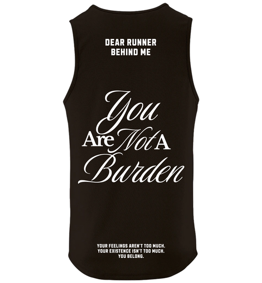 Black tank top with white text on a white background