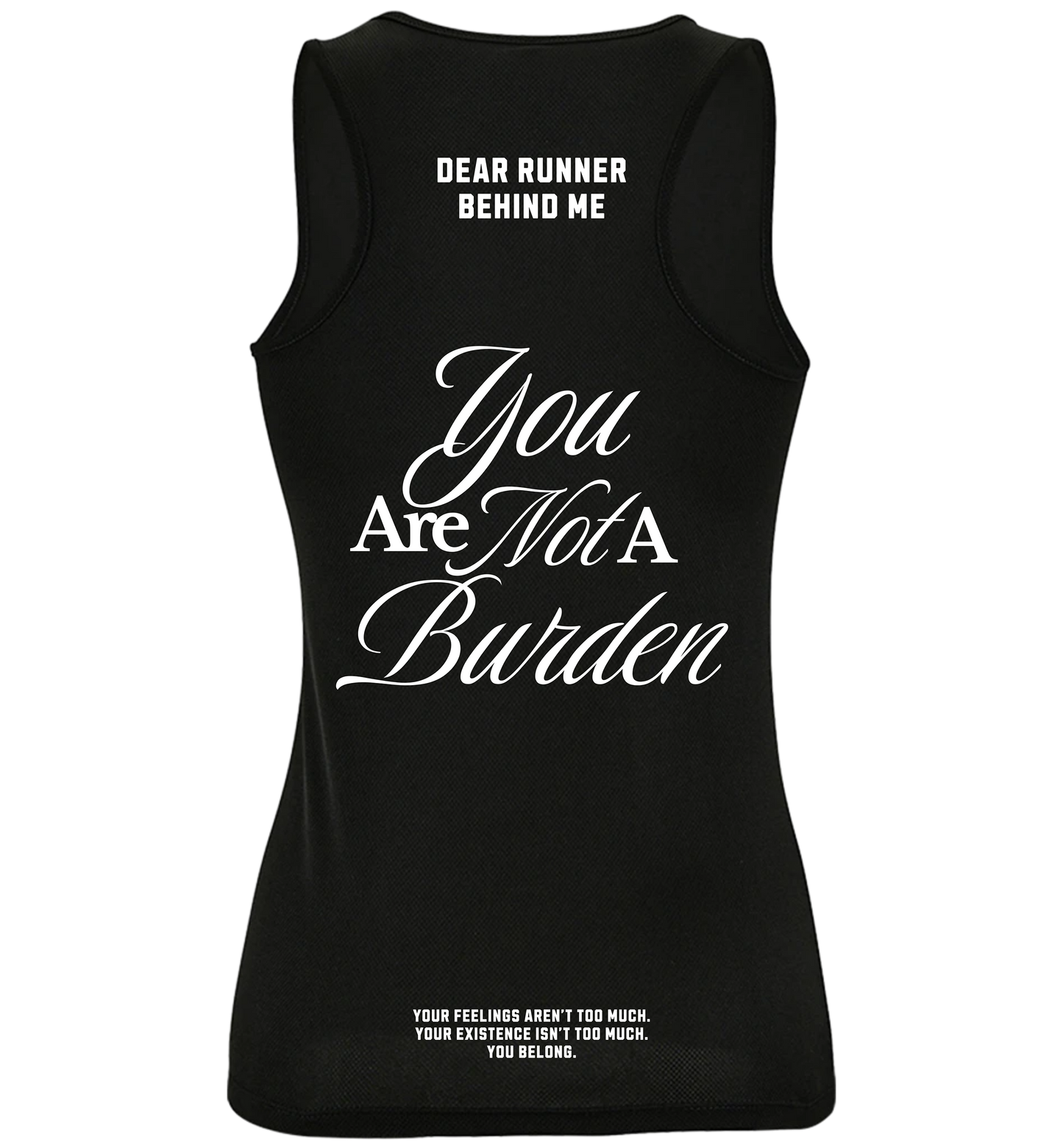Black tank top with white text on a white background