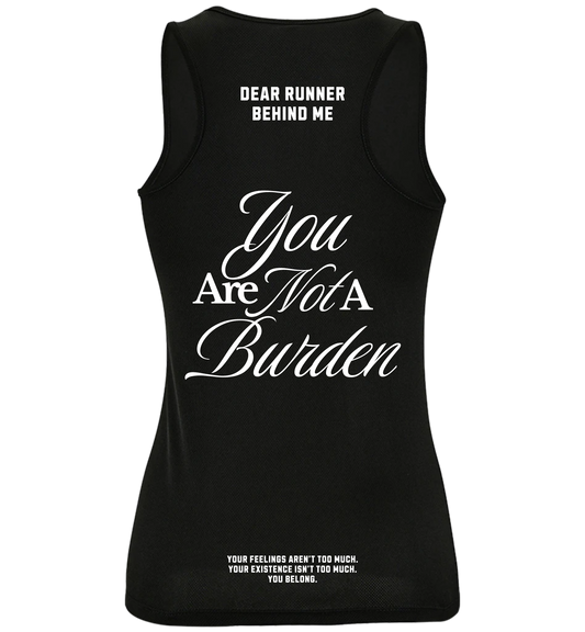 Black tank top with white text on a white background