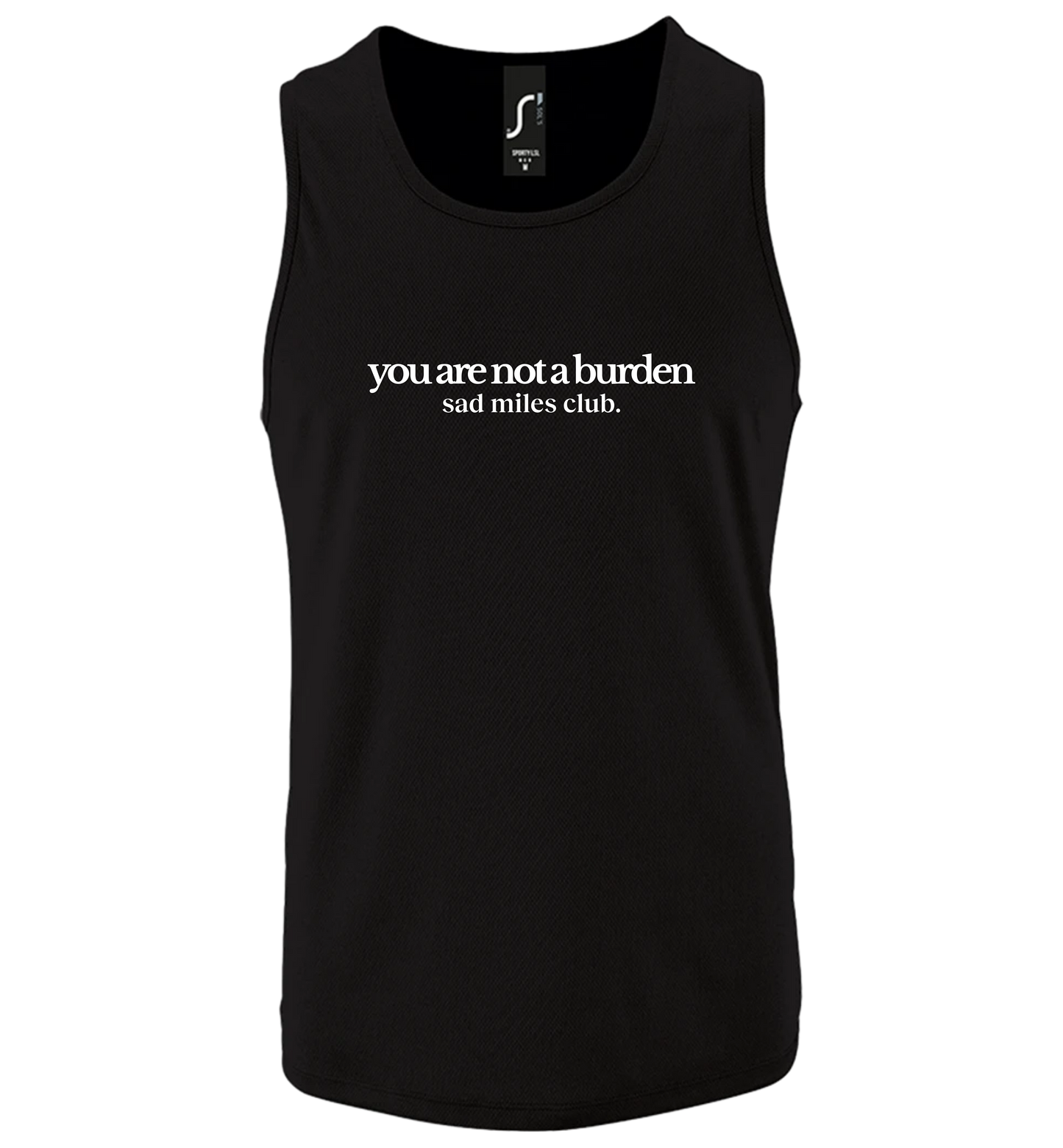 Black tank top with white text on a white background