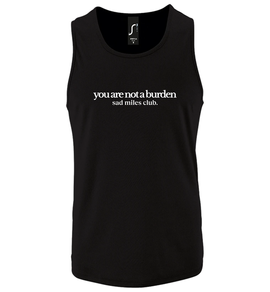Black tank top with white text on a white background