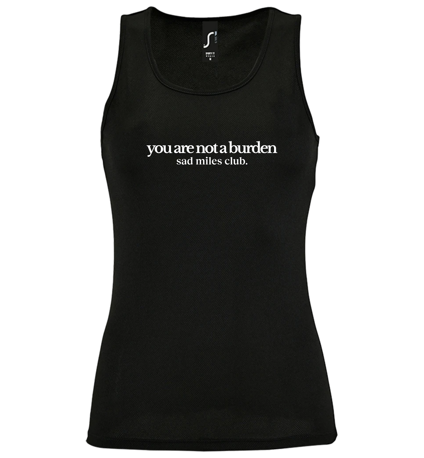 Black tank top with white text on a white background