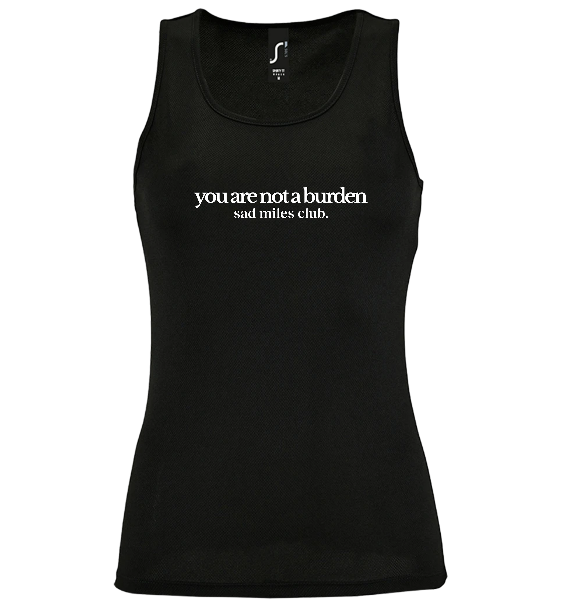 Black tank top with white text on a white background