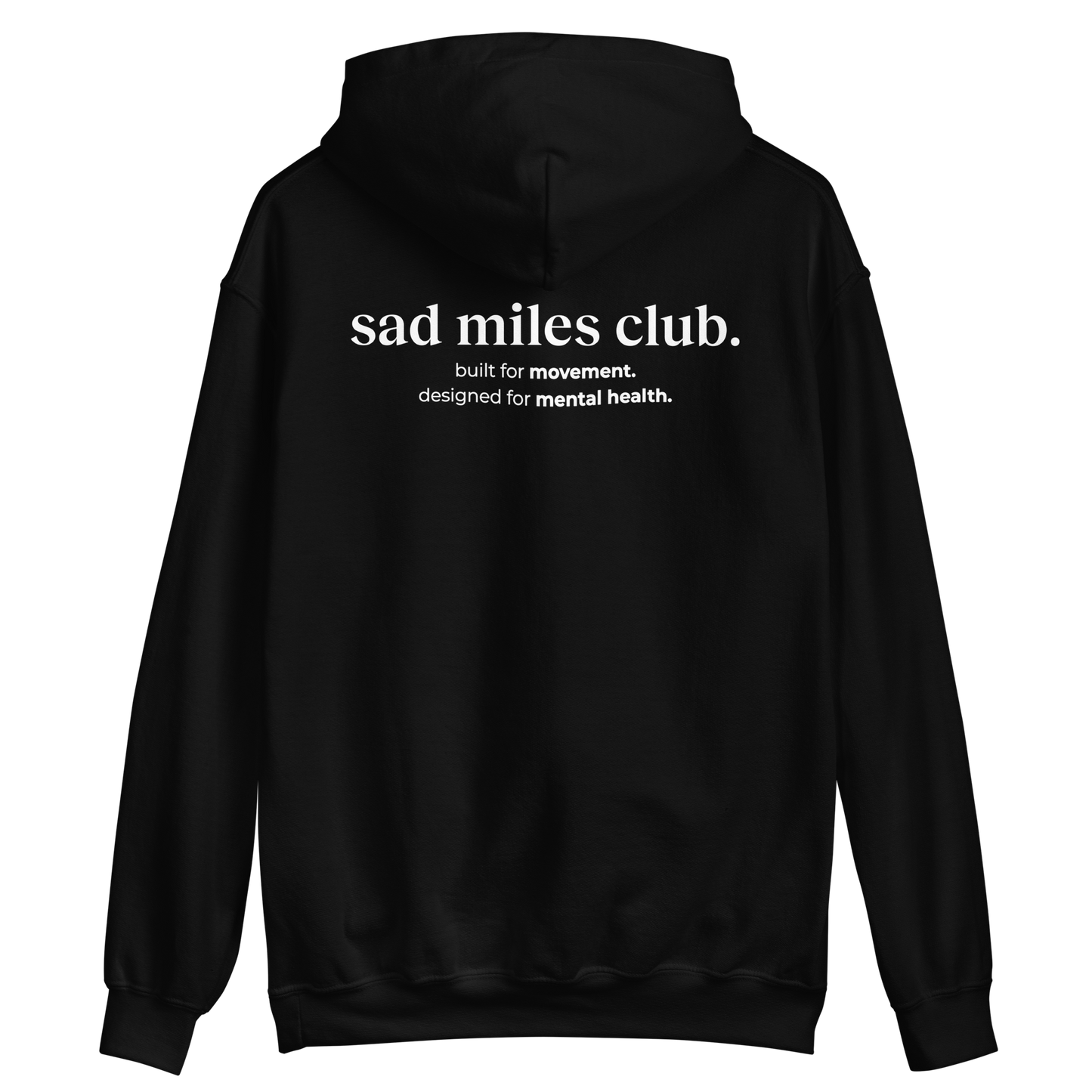 Black hoodie with 'sad miles club' text on the back against a white background