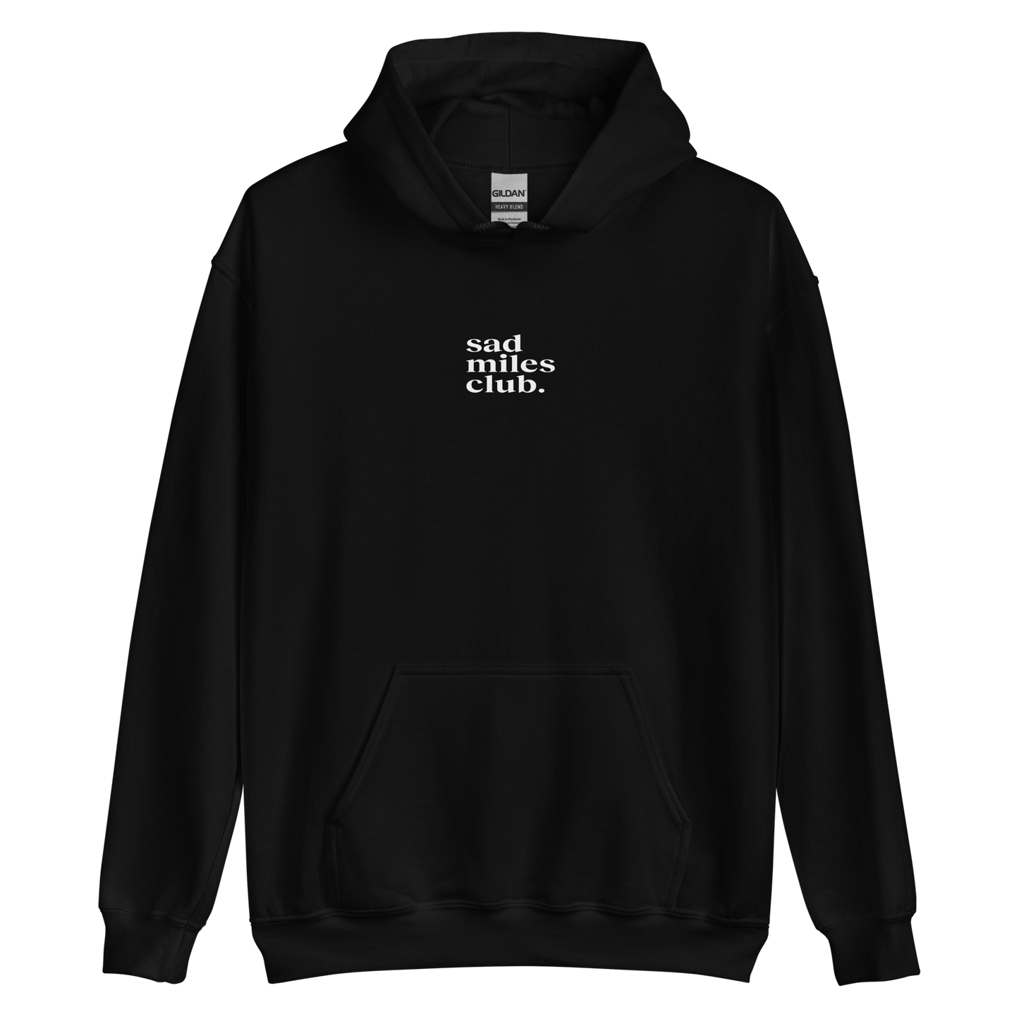 Black hoodie with 'sad miles club' text on a white background