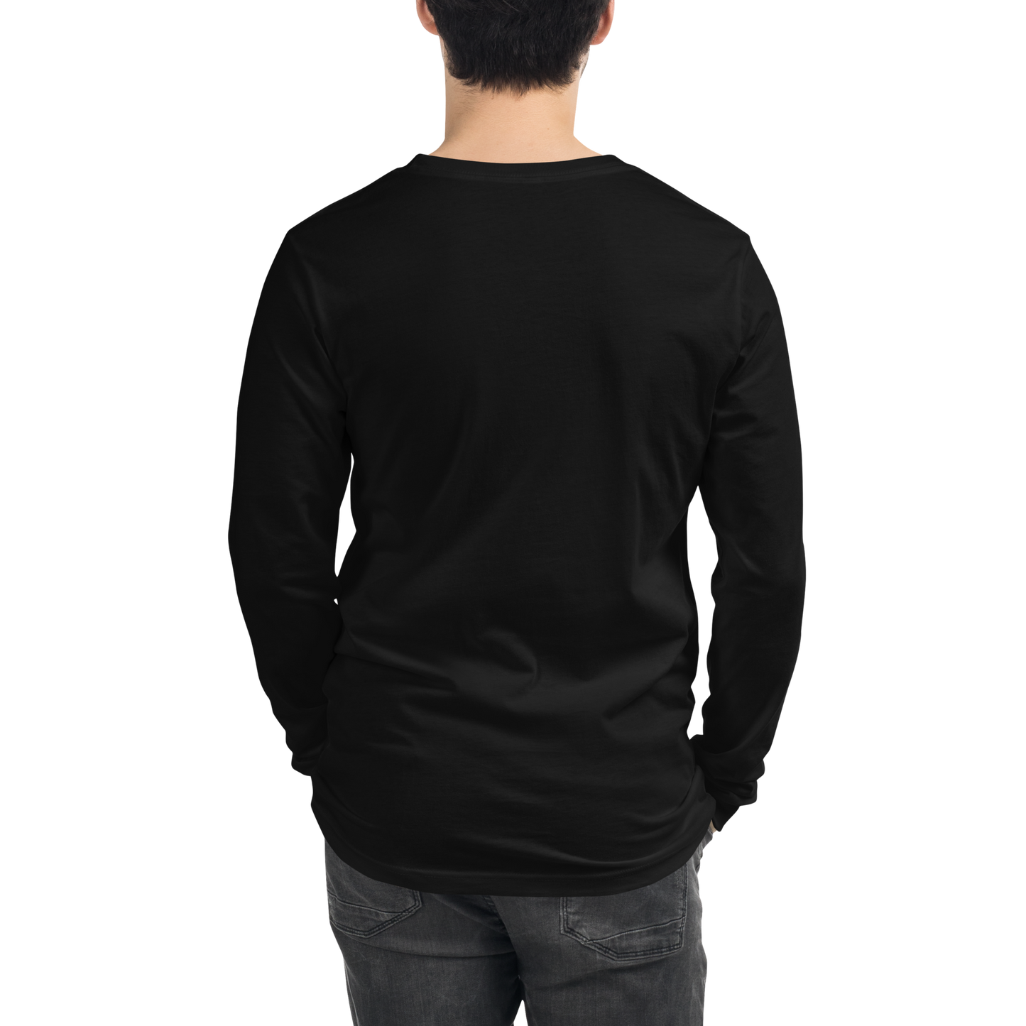 Person wearing a black long-sleeve shirt on a white background