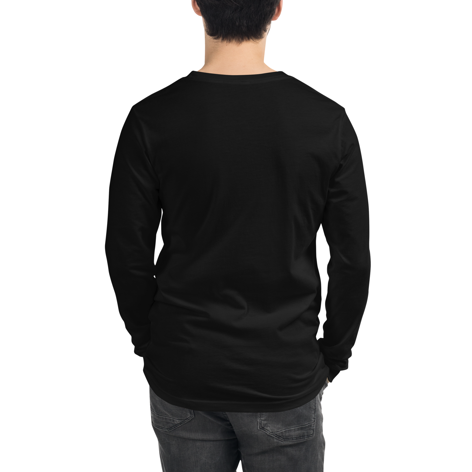 Person wearing a black long-sleeve shirt on a white background