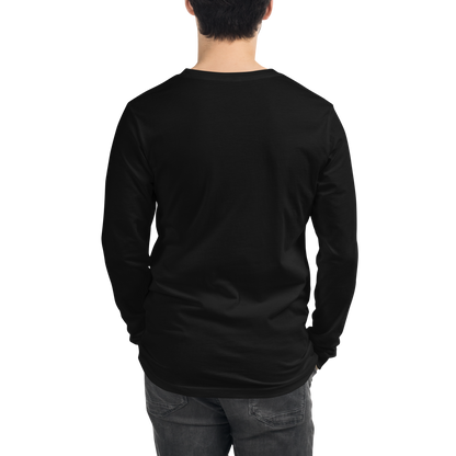 Person wearing a black long-sleeve shirt on a white background