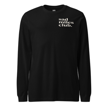 Black long-sleeve shirt with 'sad miles club' text on a white background