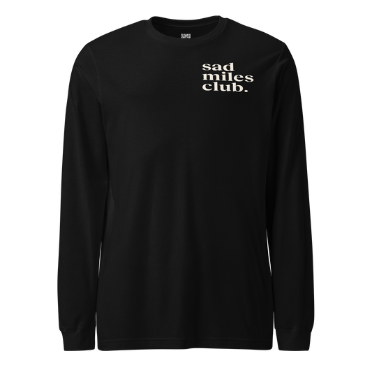 Black long-sleeve shirt with 'sad miles club' text on a white background