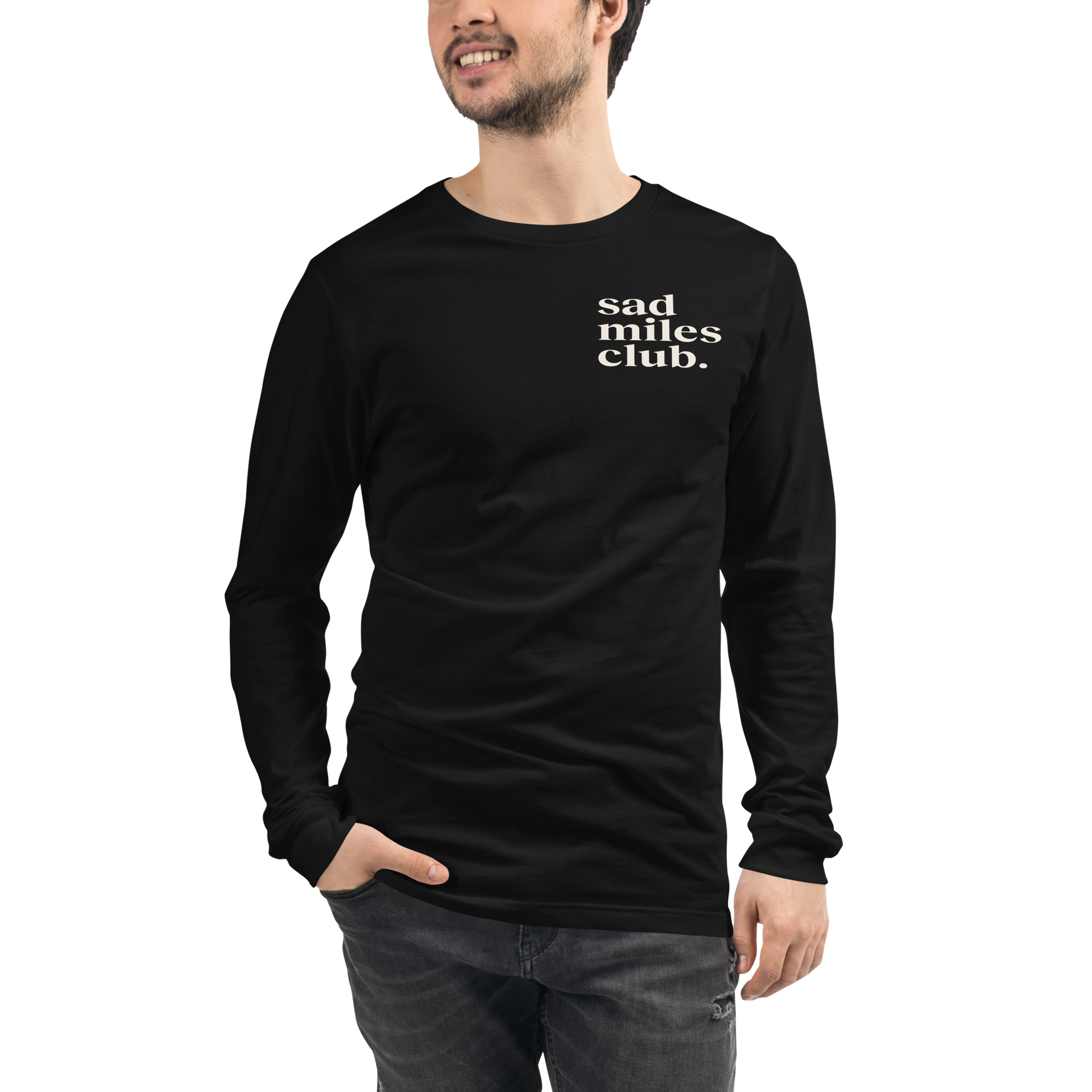 Person wearing a black long-sleeve shirt with 'sad miles club' text on a white background