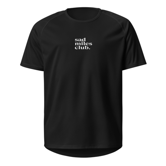 Black t-shirt with 'sad miles club' text on a white background