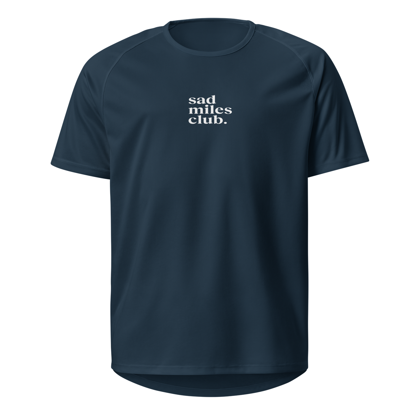 Navy blue t-shirt with 'sad miles club' text on a white background