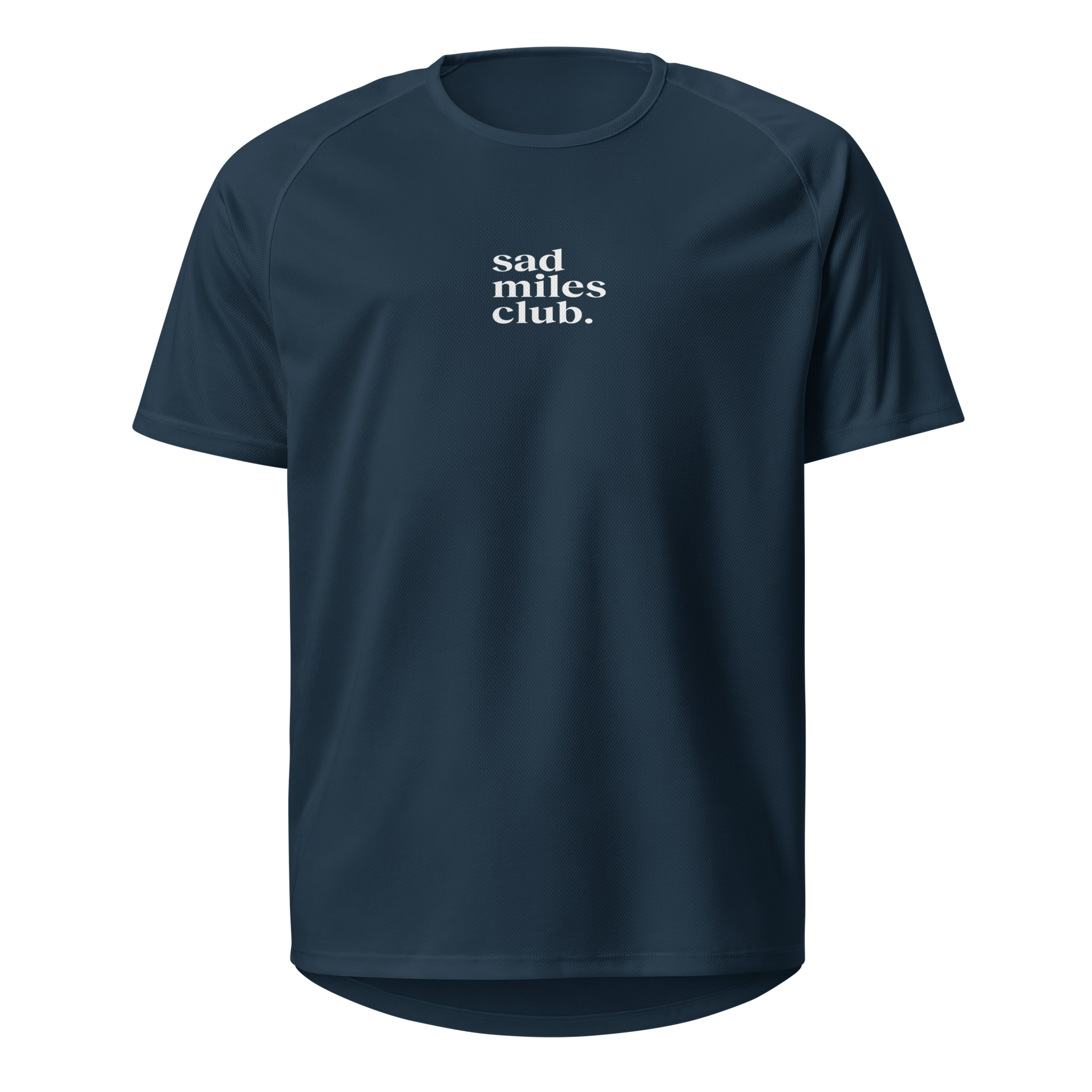 Navy blue t-shirt with 'sad miles club' text on a white background